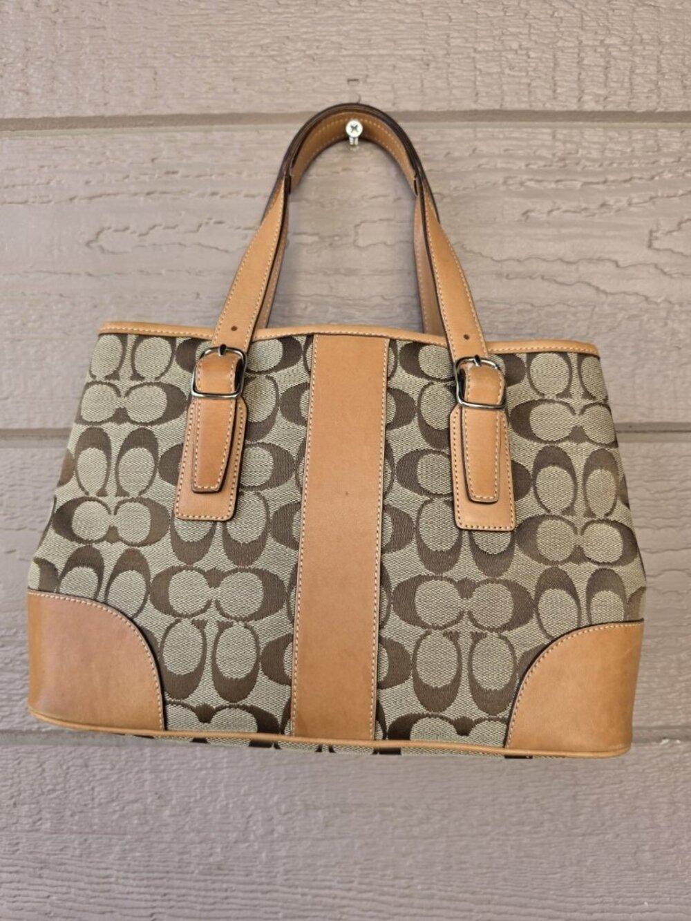 Coach 6336 Vintage Signature Canvas Leather Carryall Tote Bag Khaki Brown
